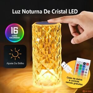 Luminária De Mesa LED De Cristal 16 Cores Recarregável Controle Por Toque Ajuste Por Controle Remoto
