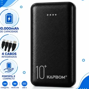 Power Bank 10000mah Carregador Portátil 4 Cabos Integrados Visor Digital Lanterna Led Usb Tipo C Compatível iPhone Samsu