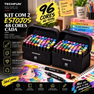 Kit 2 Canetas Marcadores 48 Cores Ponta Dupla Touch Desenho Profissional Escolar Artístico Pintura Ilustração Colorir Sk