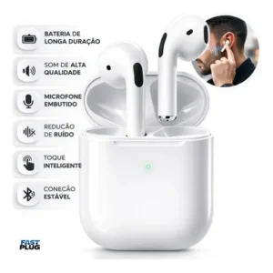 Fone De Ouvido Bluetooth Bateria de Longa Duração Pro 4 Branco Conecta Rápido Fast Plug Com Case Carregador E Microfone
