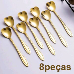 Kit 8 Colher de Café Design de Coração Aço Inoxidável Colher para Bolo