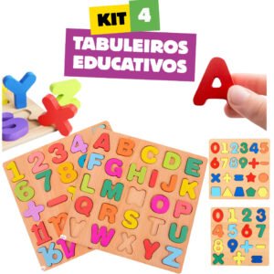 Kit Tabuleiros de Madeira Montessori Brinquedos Alfabetização Letras Números Formas Encaixe