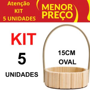 Kit 5 Cestas Fraldeira Oval 15cm Madeira Pinus com Alça para Kits, Presentes e Decoração