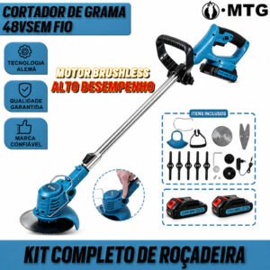 MTG Aparador de Grama Elétrico Sem Escova 48V Haste Extensível Com 2 Baterias, Carregador e Kit Completo de Acessórios