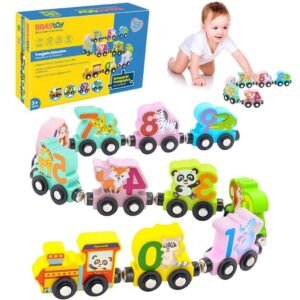 Conjunto de trem magnético com números de animais em madeira Brinquedos para crianças de 1 a 3 anos